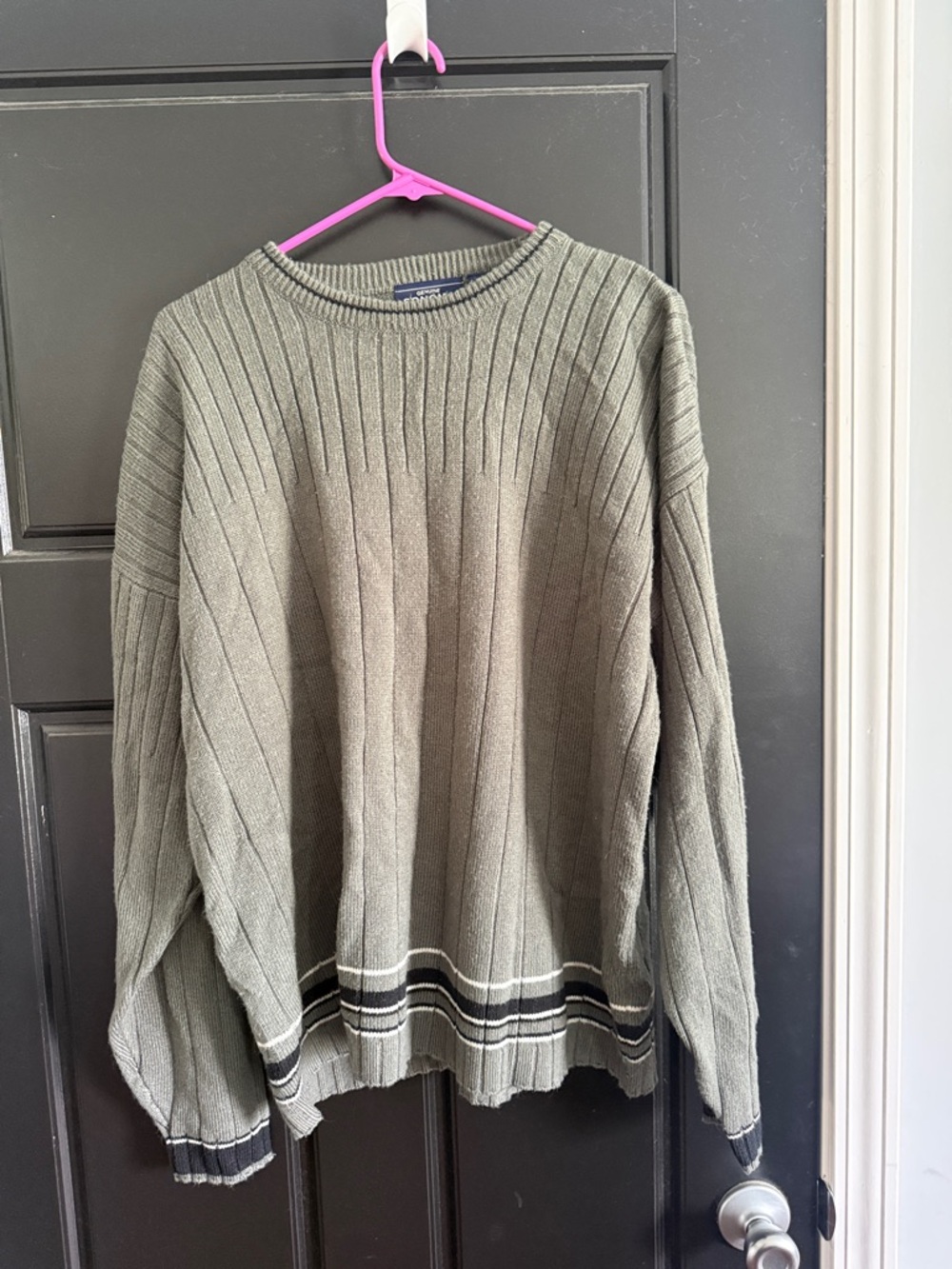 Sonoma Olive Ribbed Crewneck Sweater with Stripe Hem